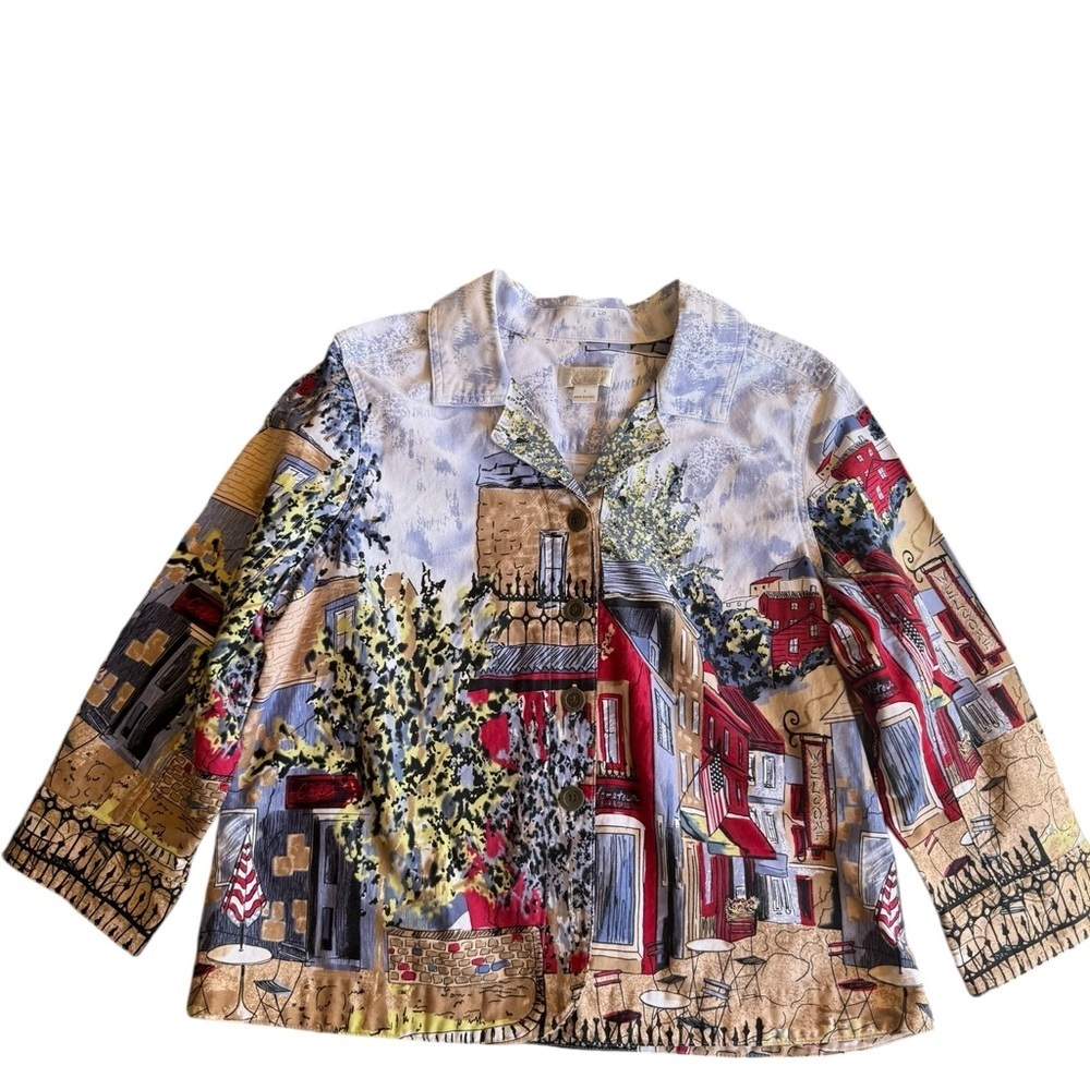 Christopher & Banks Scenic Print Button Front Jacket Parisian Café Art Style L - Picture 8 of 12